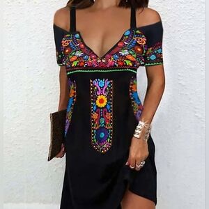 Vibrant Multicolor Print On Black Midi Cold Shoulder With Cap S Dress